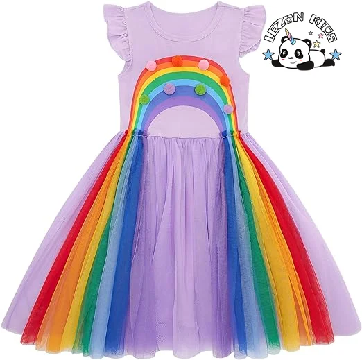 LEZONKIDS - OEM Customizable Tulle Lace Dress Colorful Small Balls Short Sleeve Layered Ruffles Kids Girls Dresses for 2-14Y Children